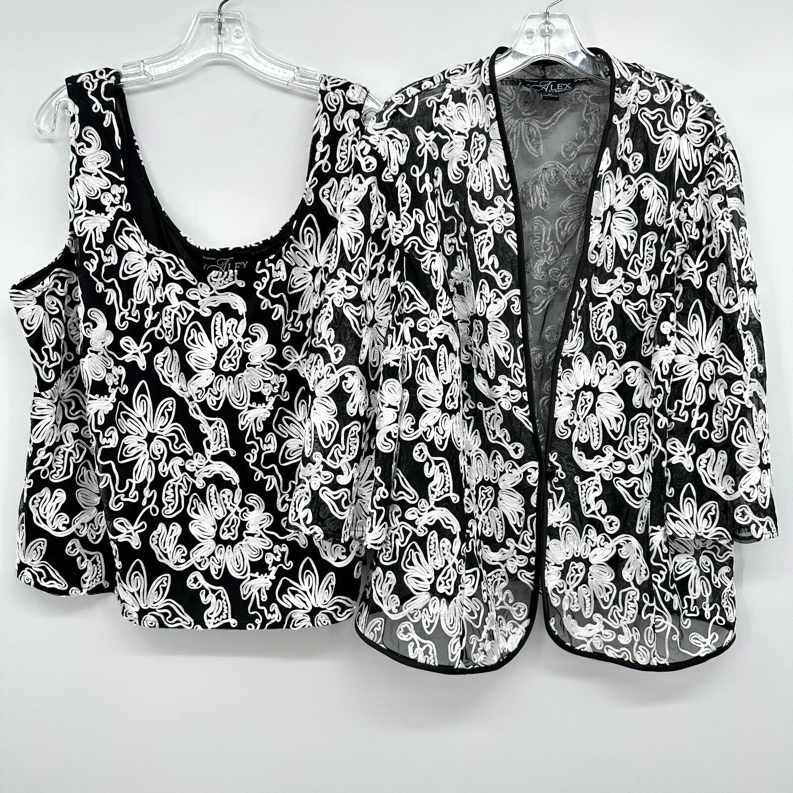Alex Evenings Twin Set Jacket Top Shirt Size 3x Black White Ribbon Design Sheer